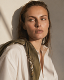 Caddie Scarf in Fairway Baroque print. Olive green 22-inch square scarf featuring Crossover Golf's signature golf-inspired baroque pattern and monogram.