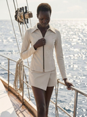 Crossover Golf Fairway Fit Zip Top, sculpted women’s golf zip top with tailored fit, princess seams, and Japanese Paper Nylon performance fabric, styled as a chic golf outfit for modern country club style on and off the course. Chic women's golf long sleeve zipper top. Chic women's golf apparel. 