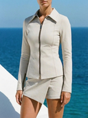 Crossover Golf Fairway Fit Zip Top, sculpted women’s golf zip top with tailored fit, princess seams, and Japanese Paper Nylon performance fabric, styled as a chic golf outfit for modern country club style on and off the course. Chic women's golf long sleeve zipper top. Chic women's golf apparel. 