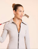 Crossover Golf Fairway Fit Zip Top, sculpted women’s golf zip top with tailored fit, princess seams, and Japanese Paper Nylon performance fabric, styled as a chic golf outfit for modern country club style on and off the course. Chic women's golf long sleeve zipper top. Chic women's golf apparel. 