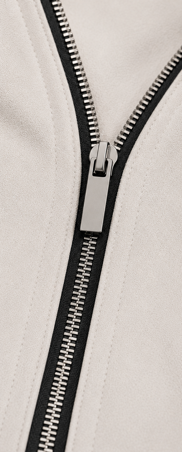 Close-up of zipper construction on a light-colored Crossover Golf garment.