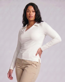 Crossover Golf long sleeve New Classic Polo, tailored women’s golf polo with asymmetric collar and ultra-soft micromodal fabric, designed as a chic golf outfit for modern country club style on and off the course. chic women's golf apparel. cool womens golf clothes. womens golf fashion. women's long sleeve polo. Plus Size womens golf apparel. Cute plus size womens golf clothes. 