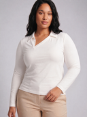 Crossover Golf long sleeve New Classic Polo, tailored women’s golf polo with asymmetric collar and ultra-soft micromodal fabric, designed as a chic golf outfit for modern country club style on and off the course. chic women's golf apparel. cool womens golf clothes. womens golf fashion. women's long sleeve polo. Plus Size womens golf apparel. Cute plus size womens golf clothes. 